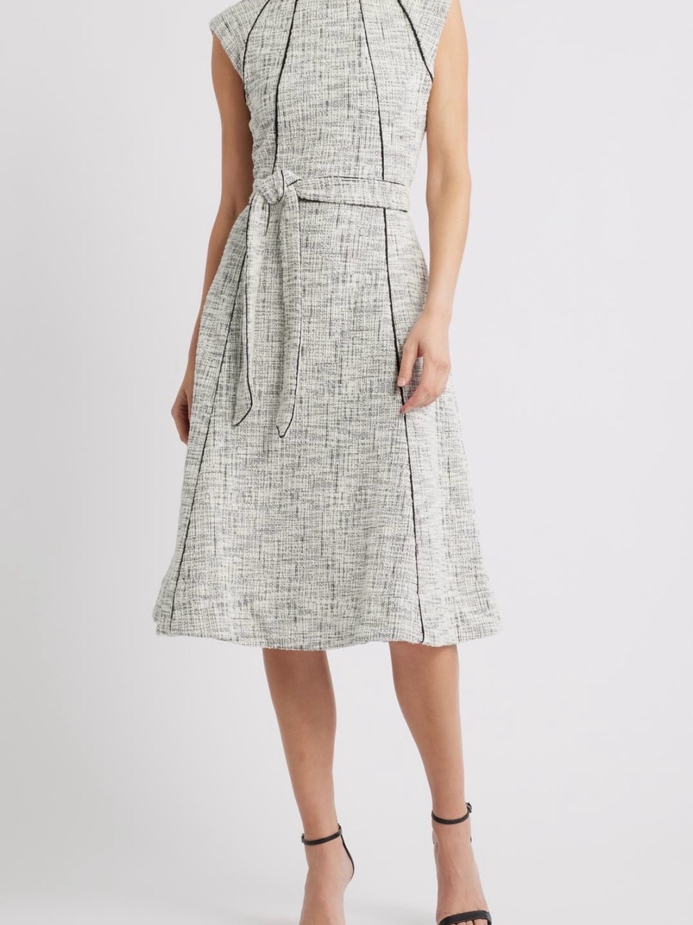 Halogen White Tweed Midi Dress with Black Piping